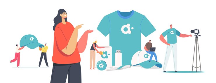 Vettore piccoli personaggi maschili e femminili con enormi prodotti promozionali per l'identità del marchio. donna che presenta t-shirt, berretto, memory stick e tazza con logo aziendale per l'annuncio. cartoon persone illustrazione vettoriale