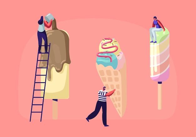 Piccoli personaggi sulle scale decorano il gelato con farcitura e cioccolato.