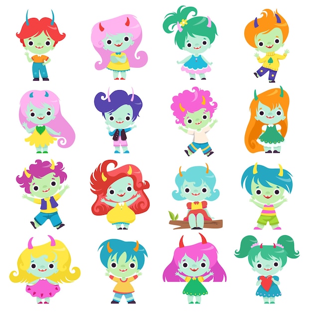 Piccoli personaggi troll con capelli di diversi colori e piccole corna grande set vettoriale