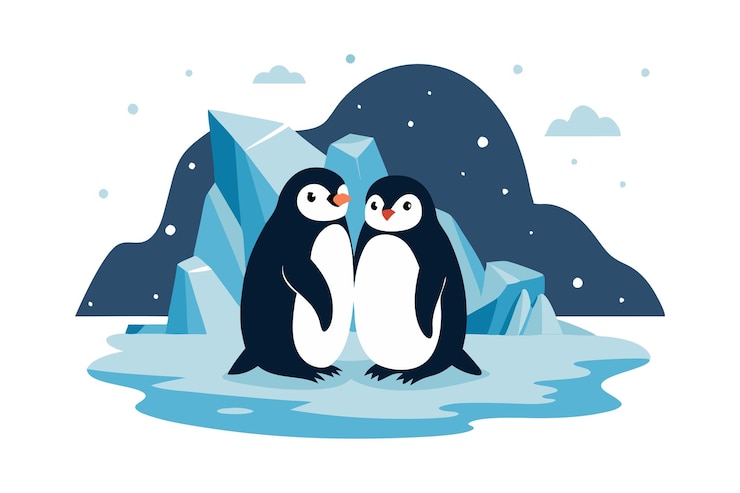 Vettore piccoli pinguini dei cartoni animati in piedi su un paesaggio ghiacciato con montagna innevata e cielo nuvoloso
