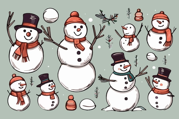 Piccoli pupazzi di neve di Natale isolati su illustrazione vettoriale a sfondo colorato