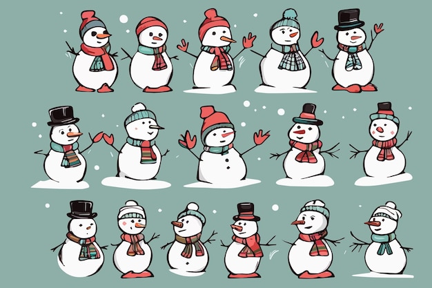Piccoli pupazzi di neve di Natale isolati su illustrazione vettoriale a sfondo colorato
