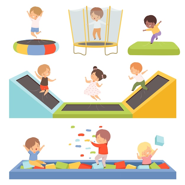 Piccoli ragazzi e ragazze carini che saltano sui trampolini e giocano in una piscina con i cubi Collezione Happy Kid Trampolin e divertirsi sul parco giochi Attivi bambini Leisure Vector Illustration