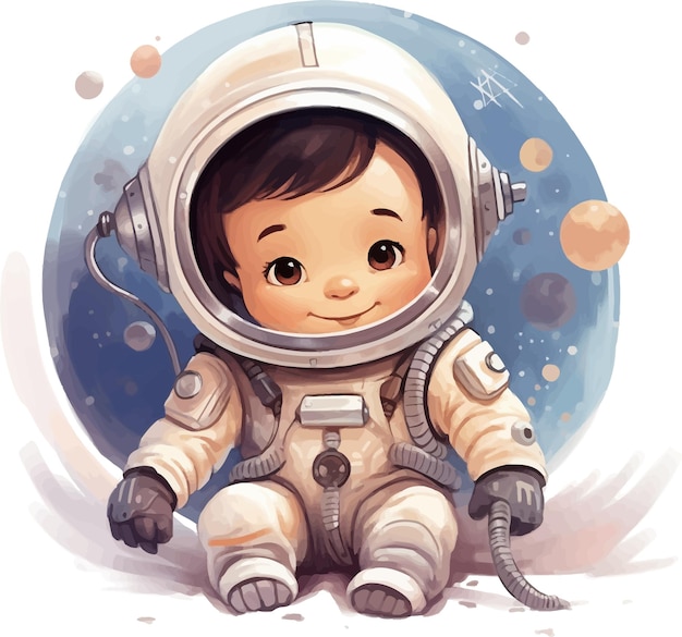 Piccolo astronauta, caricatura, pilota, illustrazione di nave spaziale.