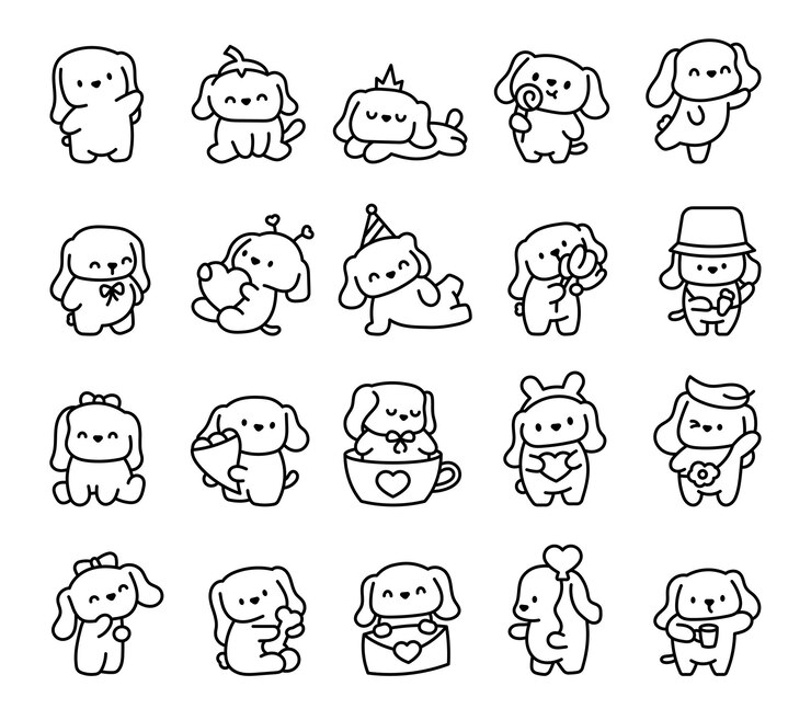 Vettore piccolo cane kawaii carinato personaggio di cartoni animati per animali domestici stile disegnato a mano disegno vettoriale.