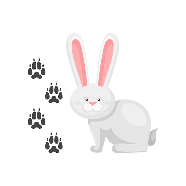 Piccolo coniglietto carino e le sue tracce di orecchie Animale mammifero con orecchie lunghe Tema dello zoo Elemento grafico per libri per bambini Icona in stile cartone animato Disegno vettoriale piatto colorato isolato su sfondo bianco