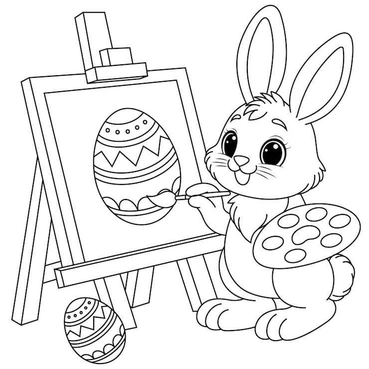 Vettore piccolo coniglietto felice che disegna un uovo di pasqua su un cavalletto da colorare