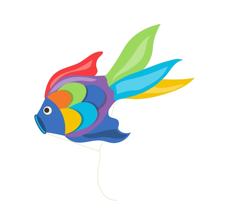 Vettore piccolo disegno di pesce aquilone a cartoni animati a colori vivaci giocattolo ornamentale per bambini isolato su sfondo bianco