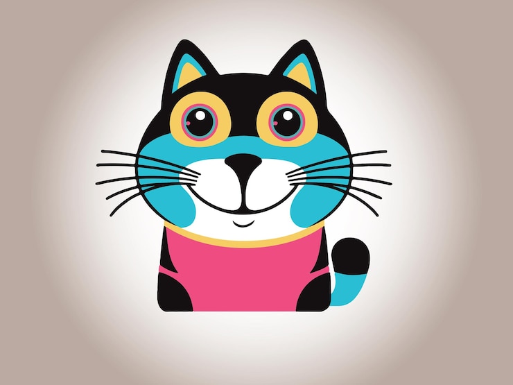 Vettore piccolo gatto caricaturistico personaggio e illustrazione di gatto adesivo per cuccioli sorridenti piccola macchina gatto di razza pura