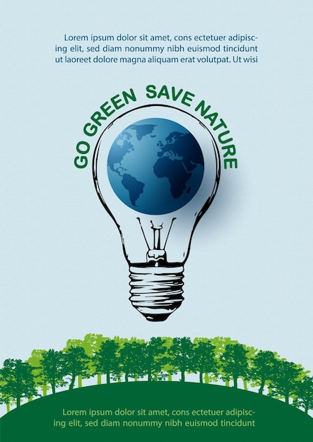Piccolo globo su disegno blub chiaro e testi di esempio di foresta verde su sfondo blu Campagna di poster di concetto della giornata mondiale dell'ambiente e risparmia energia risparmia terra nel disegno vettoriale