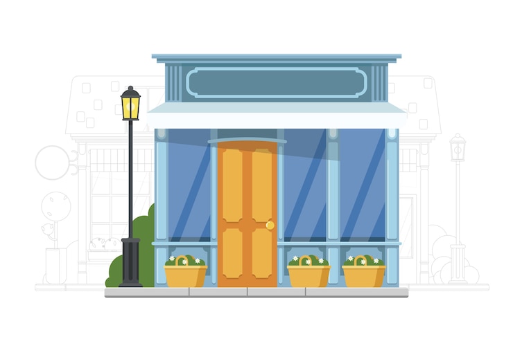 Vettore piccolo negozio. icona del piccolo negozio di strada. casa con esterno in vetro. illustrazione di immobili commerciali. paesaggio urbano urbano