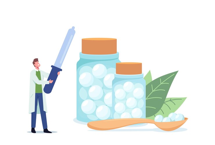 Vettore piccolo personaggio medico omeopata con enorme contagocce vicino a bottiglie di vetro con farmaci omeopatici per il trattamento omeopatico in clinica, assistenza sanitaria ospedaliera. cartoon persone illustrazione vettoriale