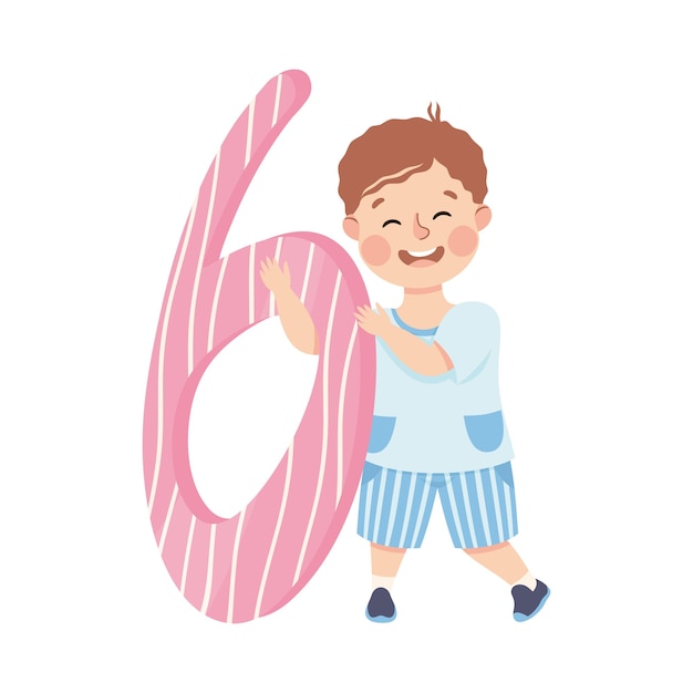 Piccolo ragazzo con un numero enorme sei o apprendimento numerico illustrazione vettoriale di conteggio di base