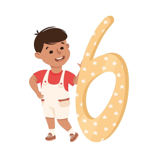 Piccolo ragazzo con un numero enorme sei o apprendimento numerico illustrazione vettoriale di conteggio di base