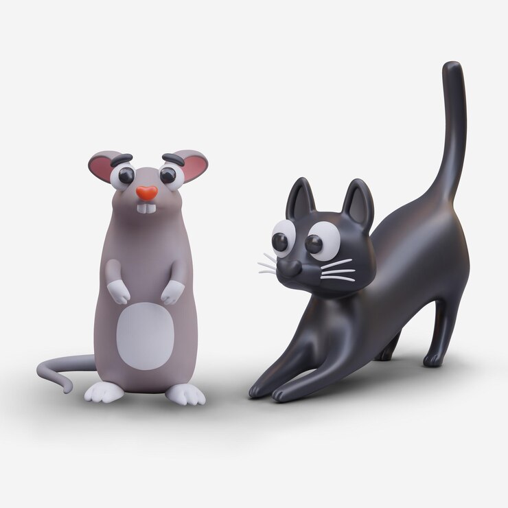 Vettore piccolo topo carino e gatto nero piccolo gattino e ratto grigio in stile cartone animato
