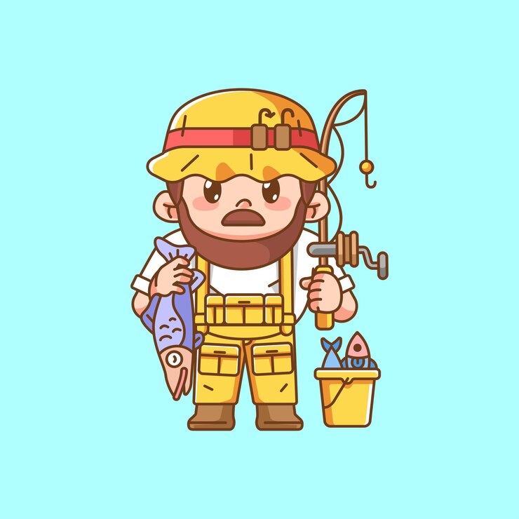 Vettore piccolo zio pescatore che pesca kawaii chibi personaggio mascotte illustrazione contorno stile design