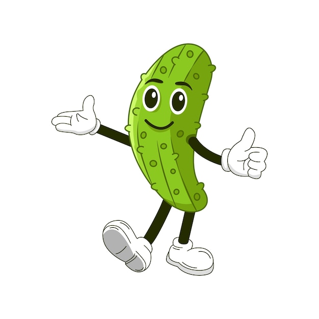 Pickles mascotte dei cartoni animati con il pollice in alto e la faccia sorridente in stile retro in stile groovy vintage