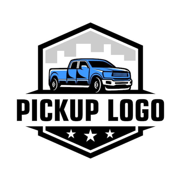 Pickup Truck Logo Design City Skyline sullo sfondo Stelle in basso con telaio esagonale V