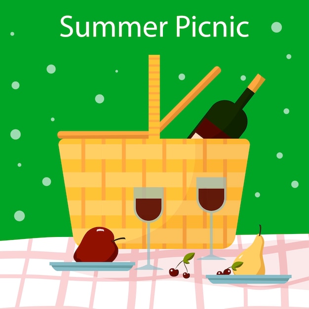 Picnic estivo nel parco Cesto da picnic con vino su una tovaglia sull'erba e bicchiere di vino mela ciliegia pera