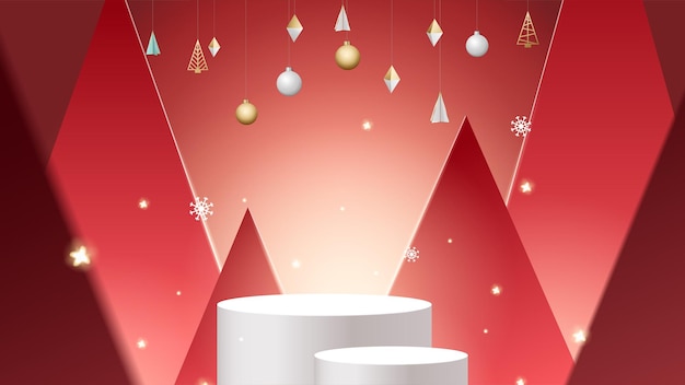 Piedistallo o podio con modello natalizio 3D realistico per esposizione di prodotti da esposizione Decorazione natalizia su sfondo rosso