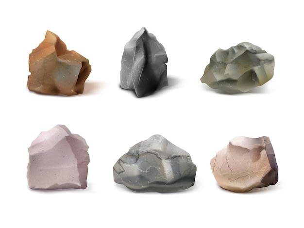 Pietre rocciose realistiche 3D pietre isolate natura rocce di montagna rocce di forma diversa basalto vulcanico pietrificato granito macerie rocciose materiali geologici impostati illustrazione vettoriale esatta