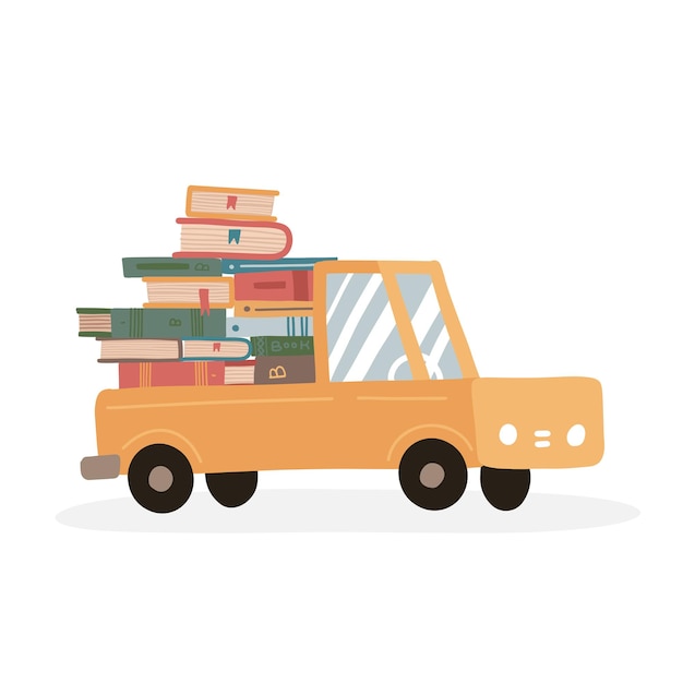 Pila di libri in un simpatico concetto di consegna di camion per una pila di libri in libreria online da un negozio online ...
