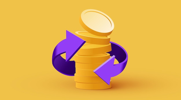 Pila di monete d'oro con frecce cashback o concetto di profitto