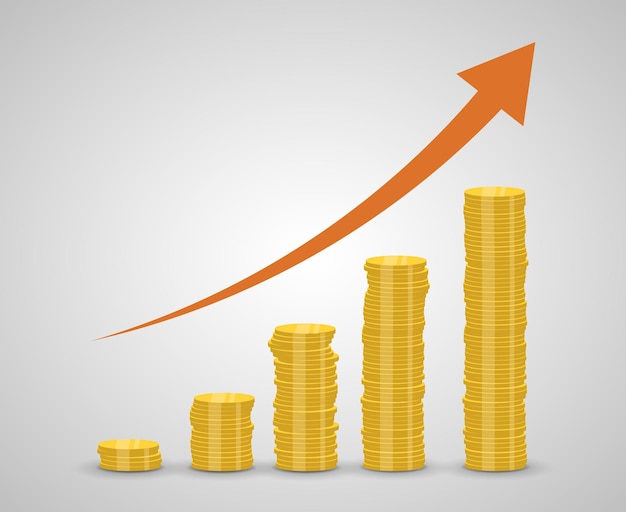 Pila di monete in aumento e freccia