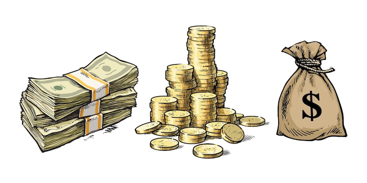 Pila di soldi di carta disegnata a mano di monete sacco di dollari