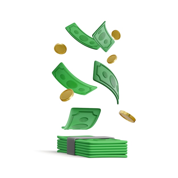 Pila di valuta verde e monete d'oro che cadono in stile cartone animato 3d oggetto denaro realistico per poster o banner Illustrazione vettoriale