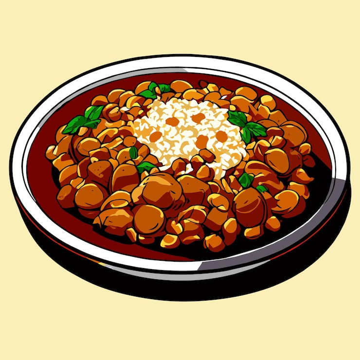 Vettore pilaf con carne di manzo stufata su un'illustrazione vettoriale di piatto