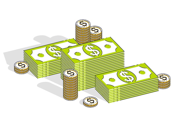 Pile di denaro contante dollari e mucchi di centesimi di monete isolati su sfondo bianco. Illustrazione isometrica 3d di affari e finanza vettoriale, design a linea sottile.