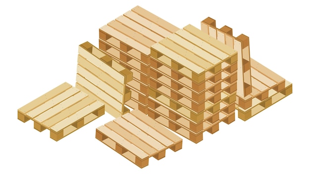 Pile di pallet isometrici e quasi sdraiati e in piedi appoggiati per l'imballaggio e il trasporto isolati su sfondo bianco