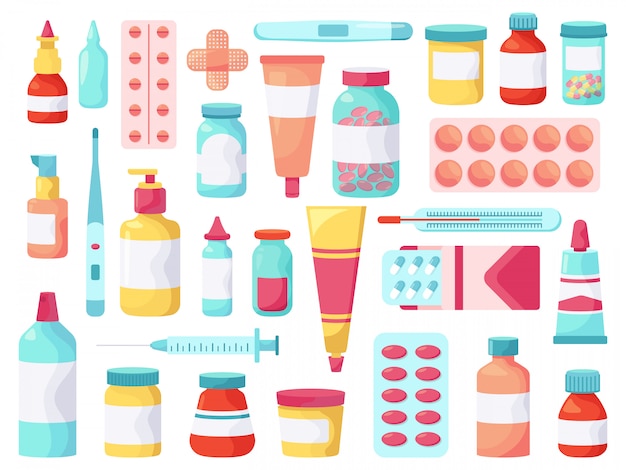 Pillole mediche. Pillole antibiotiche della farmacia, farmaci e trattamenti antidolorifici, set di icone di illustrazione di confezioni blister di farmacologia di pronto soccorso. Supplemento imballaggio, cerotto e ago per farmacia