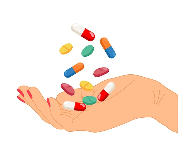 Pillole per le mani e medicinali e capsule medicinali. Il concetto di farmacia. Illustrazione, vettore