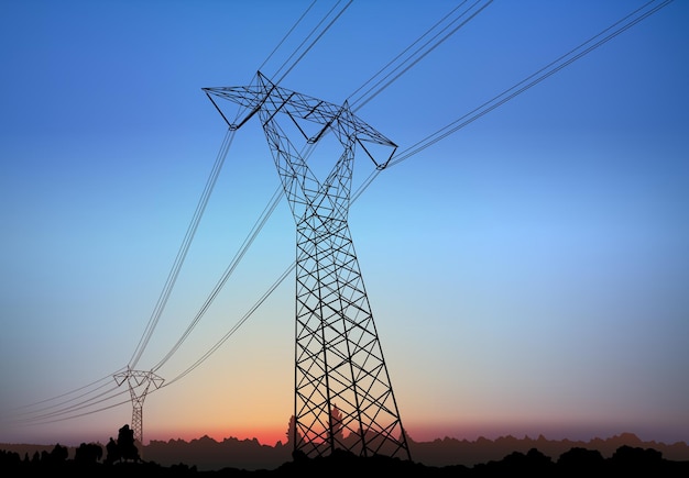 Pilone ad alta tensione con fili elettrici con silhouette paesaggistica e alba