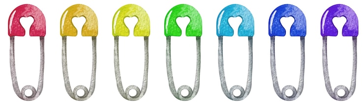 Vettore pin del pannolino del bambino colorato acquerello su sfondo bianco. spilla per bambini con spettro arcobaleno a forma di cuore.