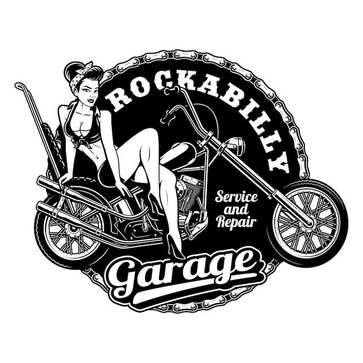 Vettore pin up girl su moto, versione monocromatica