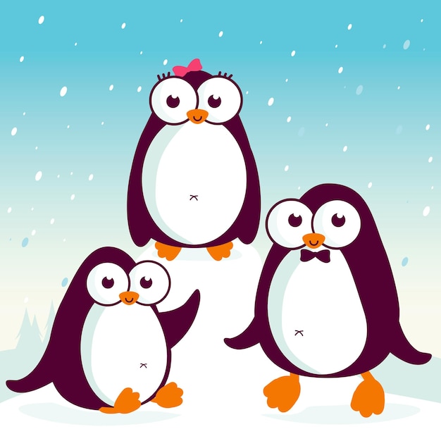 Pinguini felici nella neve Pinguini caricaturistici carini in un paesaggio innevato invernale Vettore