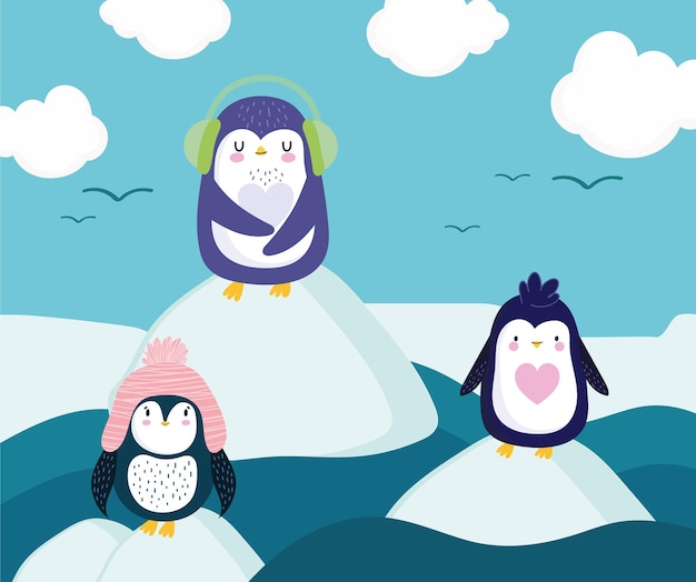 Pinguini in piedi fumetto di lastrone di ghiaccio