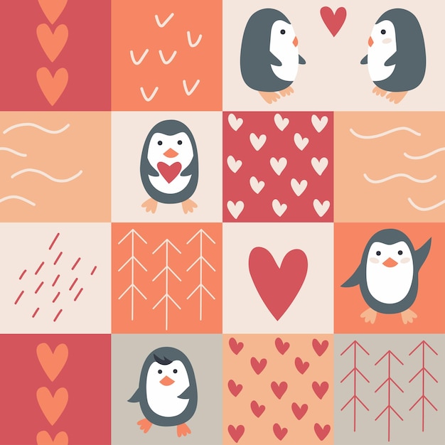 Pinguini innamorati illustrazione vettoriale a pattern senza cuciture