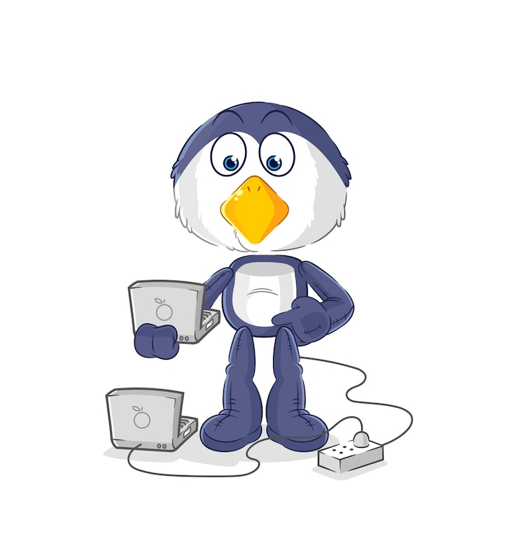 Vettore pinguino con il vettore del fumetto della mascotte del computer portatile