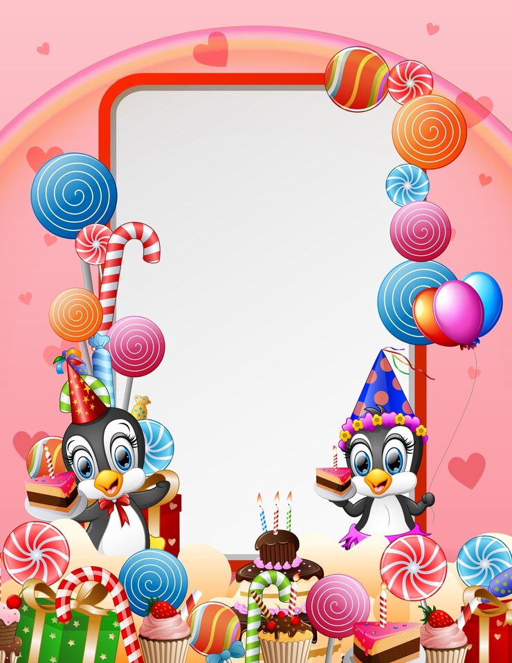 Vettore pinguino di compleanno con caramelle e sfondo rosa