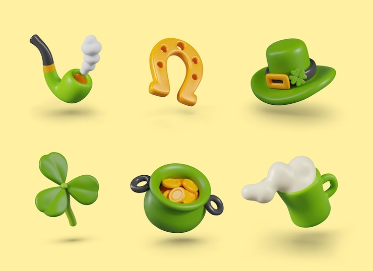 Vettore pipa da fumo, ferro di cavallo dorato, cappello di leprechaun, trifoglio verde, pentola di monete d'oro, tazza di birra.