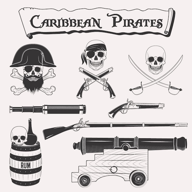 Pirati dei Caraibi set di disegni Simboli della pirateria elementi pirata