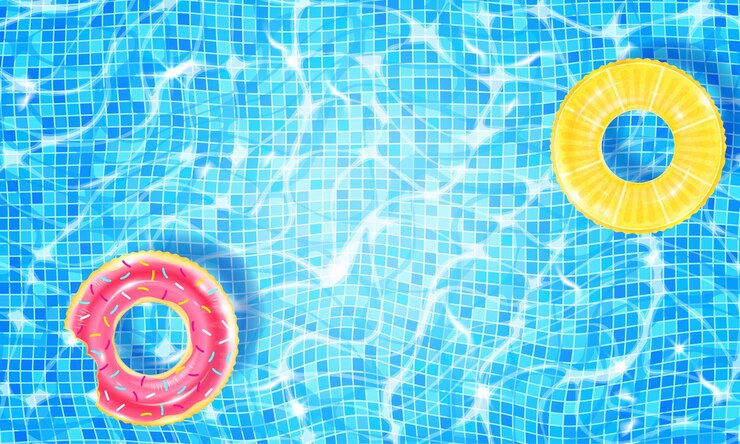 Vettore piscina con due anelli galleggianti ed effetto luce solare.
