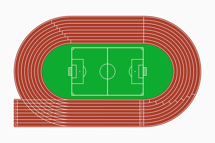 Pista da corsa e campo da calcio o da calcio, vista dall'alto dello stadio sportivo. Illustrazione vettoriale.