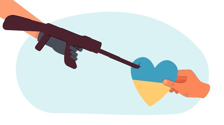 Vettore pistola puntata al cuore nei colori blu e giallo. minaccia alla vita e alla pace illustrazione vettoriale piatta. militare, arma, concetto di guerra per banner, progettazione di siti web o pagina web di destinazione