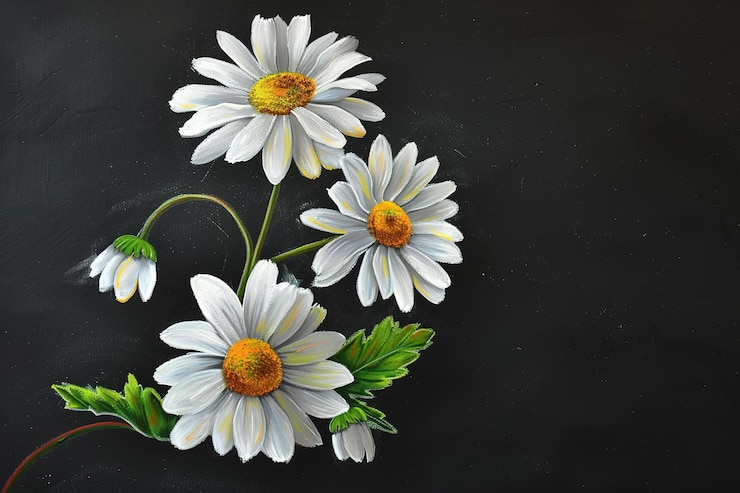 Vettore pittura a gesso su sfondo nero con margherite utilizzando pastelli a olio nello stile di paul corfield whit