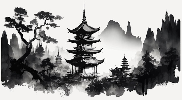 Pittura a inchiostro con montagne della foresta nebbiosa e tempio pagoda in stile vintage